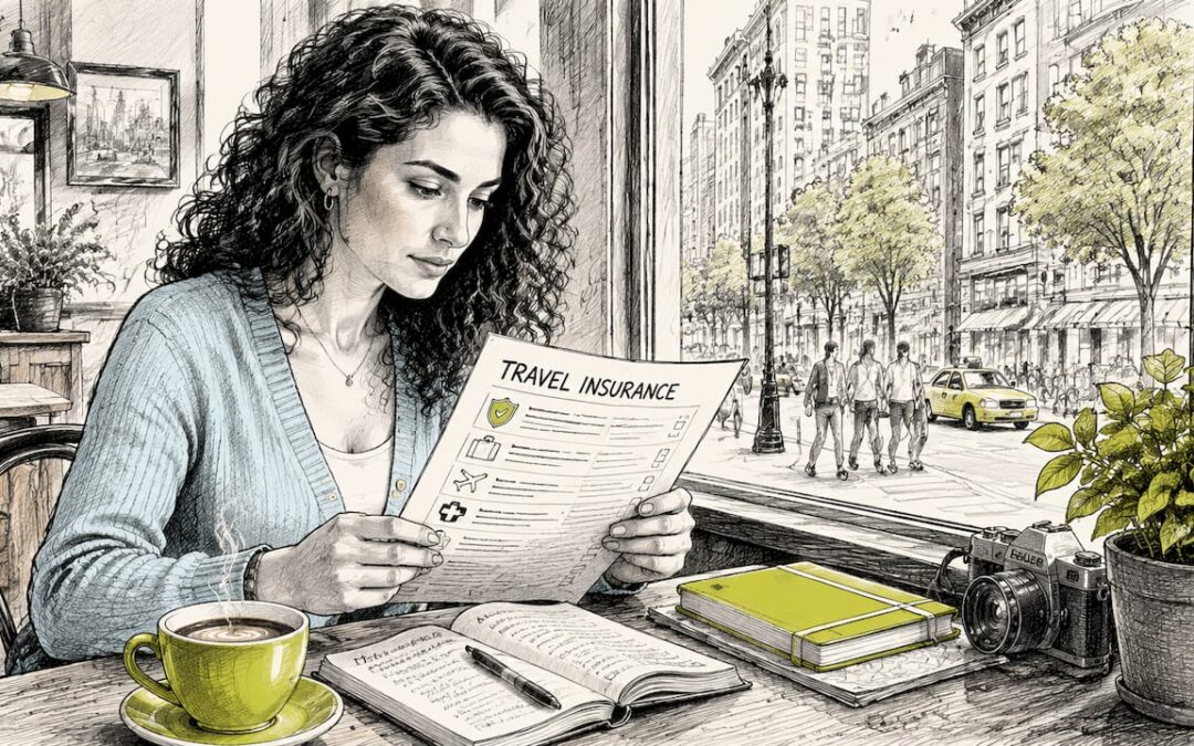 Woman reading travel insurance document at table