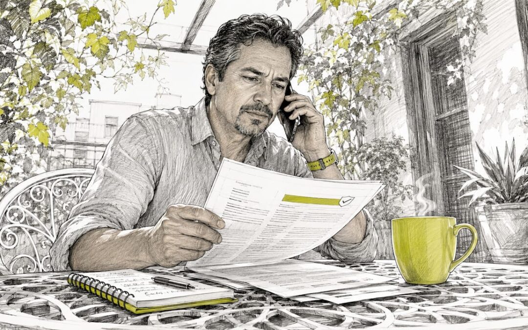 Hombre revisando papeles del seguro mientras habla por teléfono
