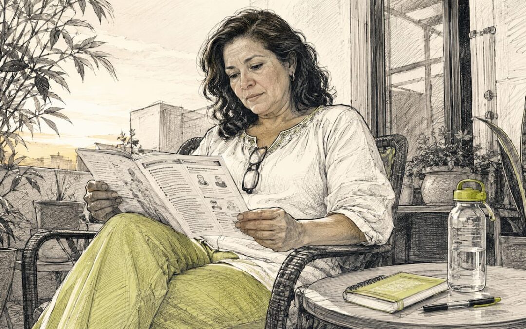 Mujer consultando recomendaciones de salud antes de un viaje
