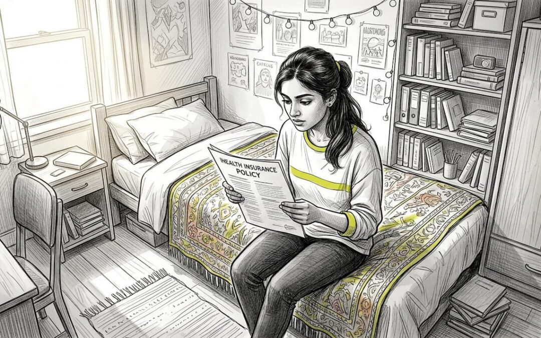 Student reviewing insurance document in dorm