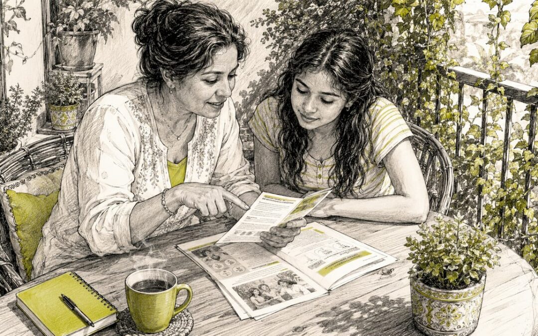 Madre e hija revisando juntas las opciones de seguros médicos