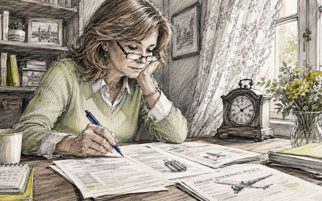 Woman reviewing airline insurance documents