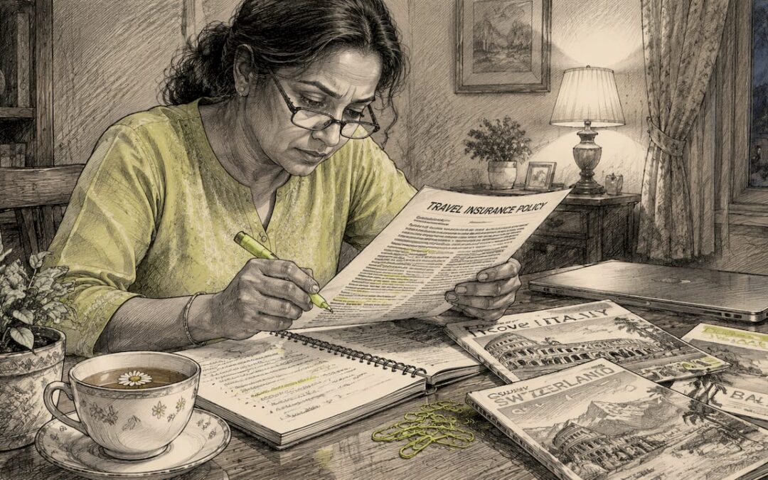 Woman reviewing travel insurance documents at home
