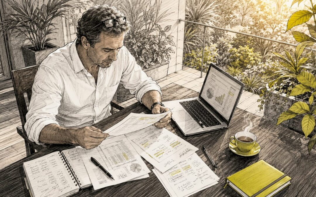 Un expatriado revisando su documentación fiscal desde la comodidad de su hogar