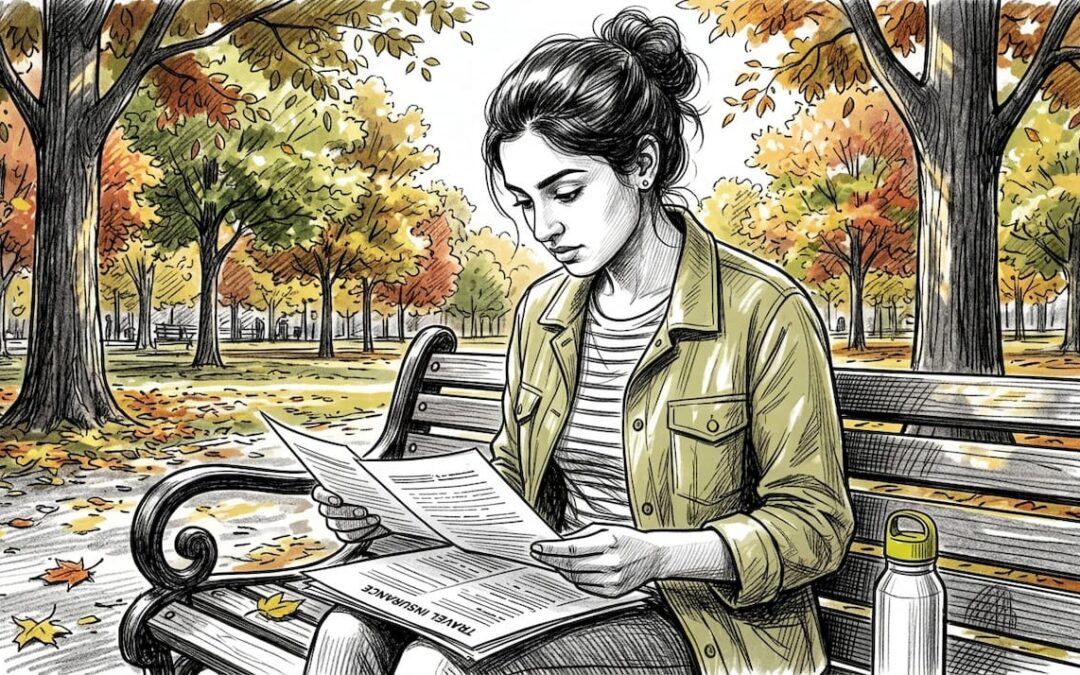 Young woman reviewing travel insurance documents at home