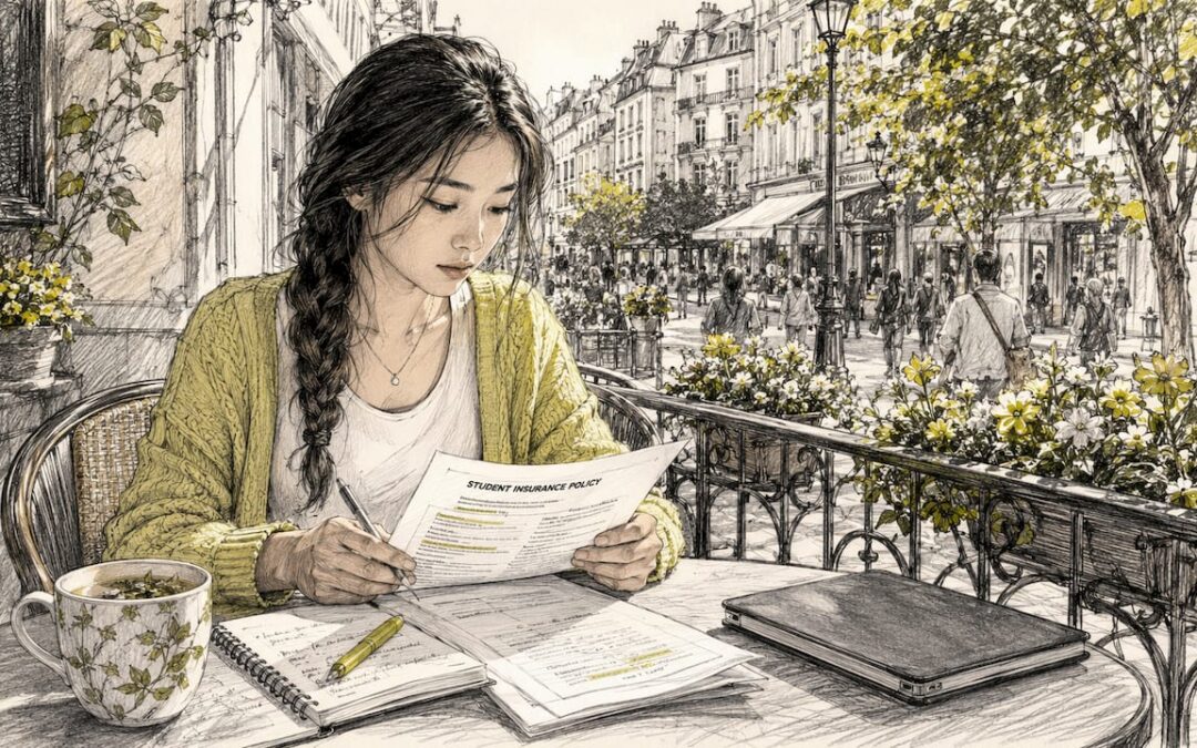 Student reviewing international insurance papers