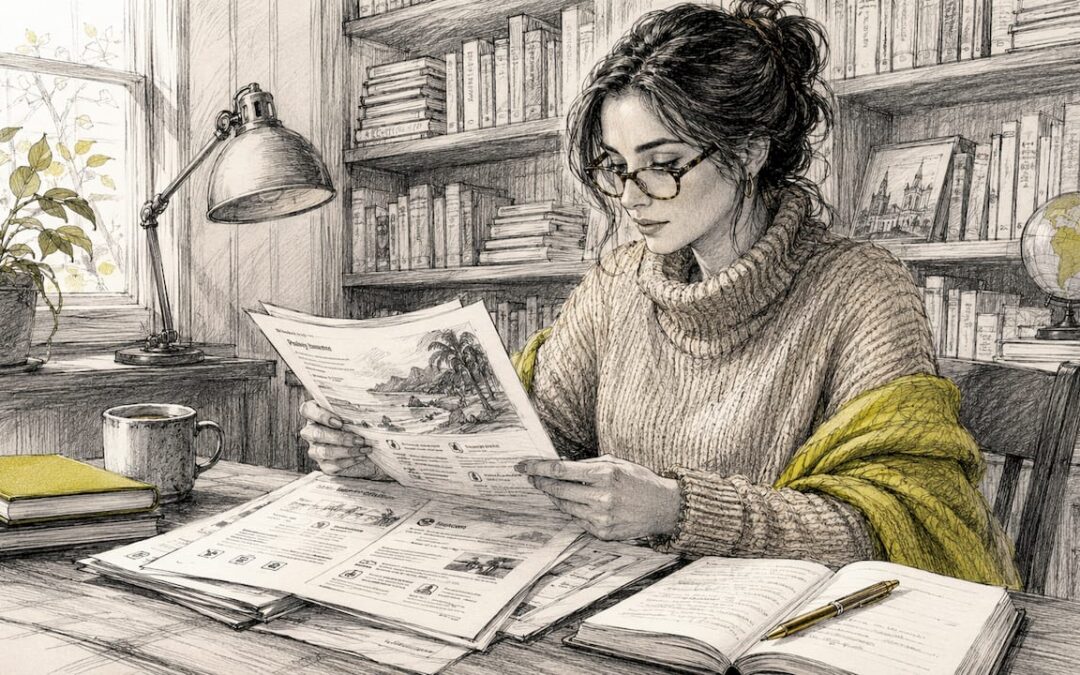 Mujer revisando los detalles de su seguro de viaje