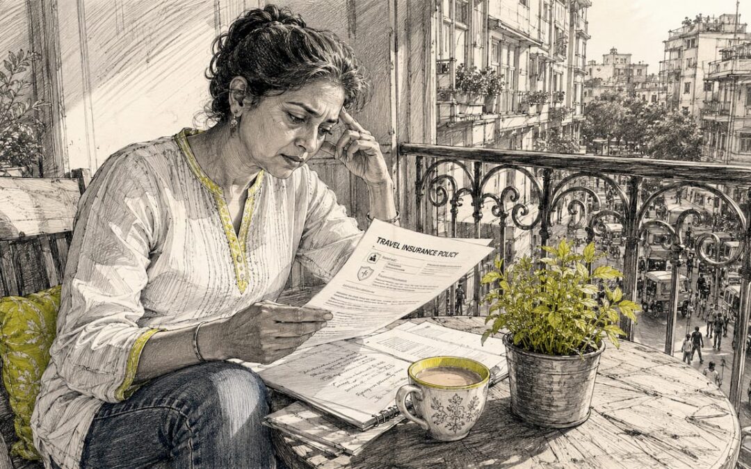 Woman reviewing travel insurance policies at table