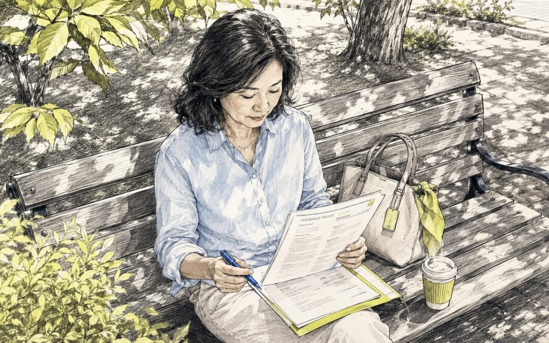一位女士正在家里仔细梳理家人的保险相关事宜，认真查看各项保障内容。