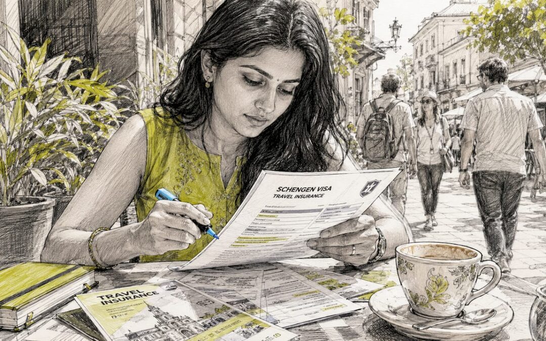 Traveler reviewing Schengen visa insurance papers