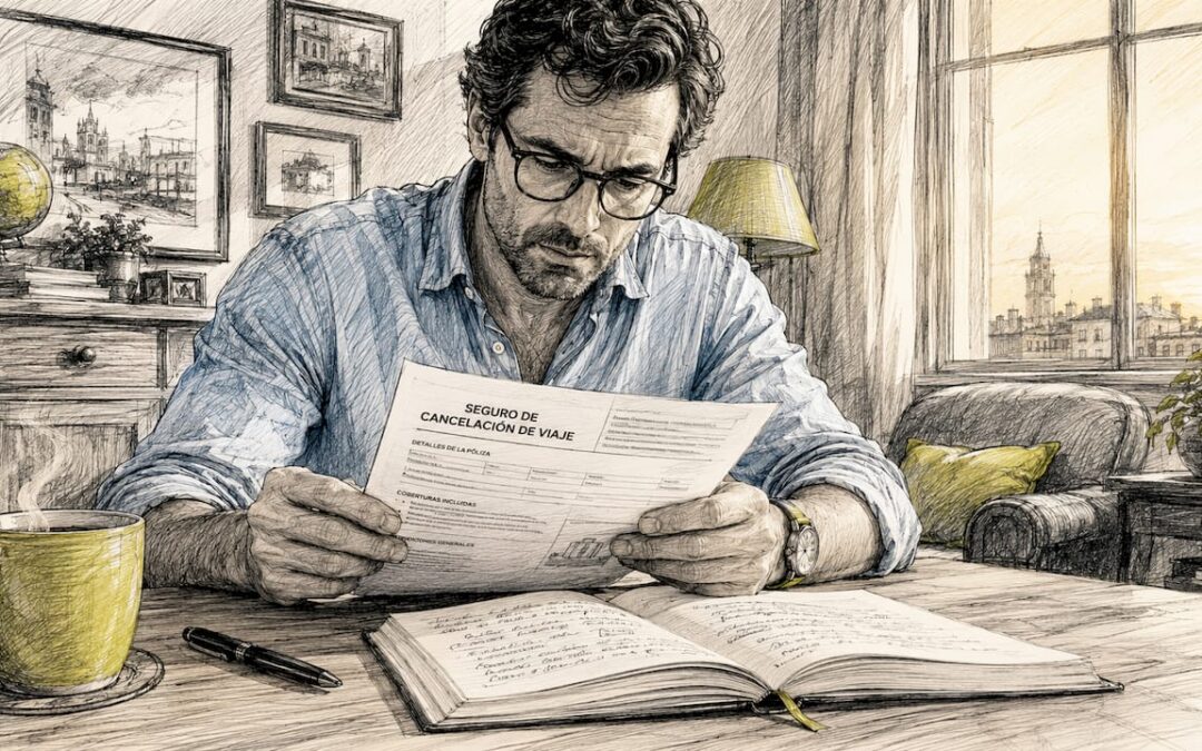 Hombre revisando en casa la documentación de su seguro de viaje