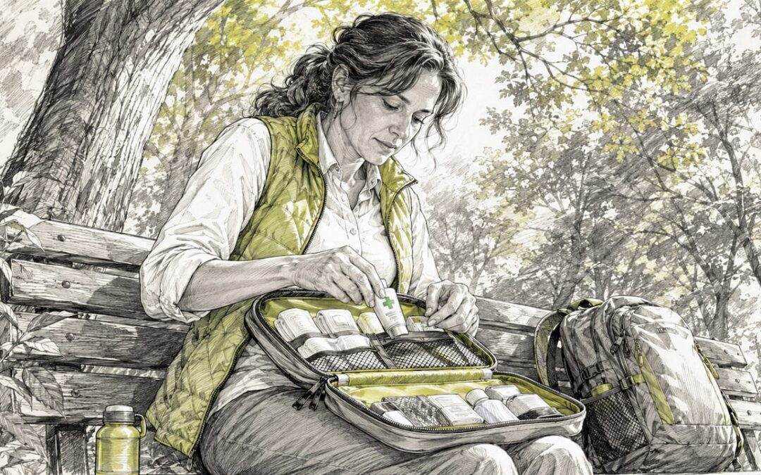 Maestra organizando el botiquín de primeros auxilios al aire libre