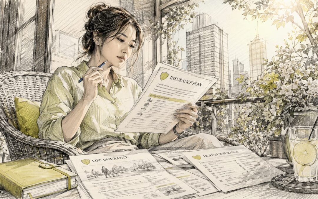 一位职业女性正坐在办公桌前，认真审阅保险相关文件。