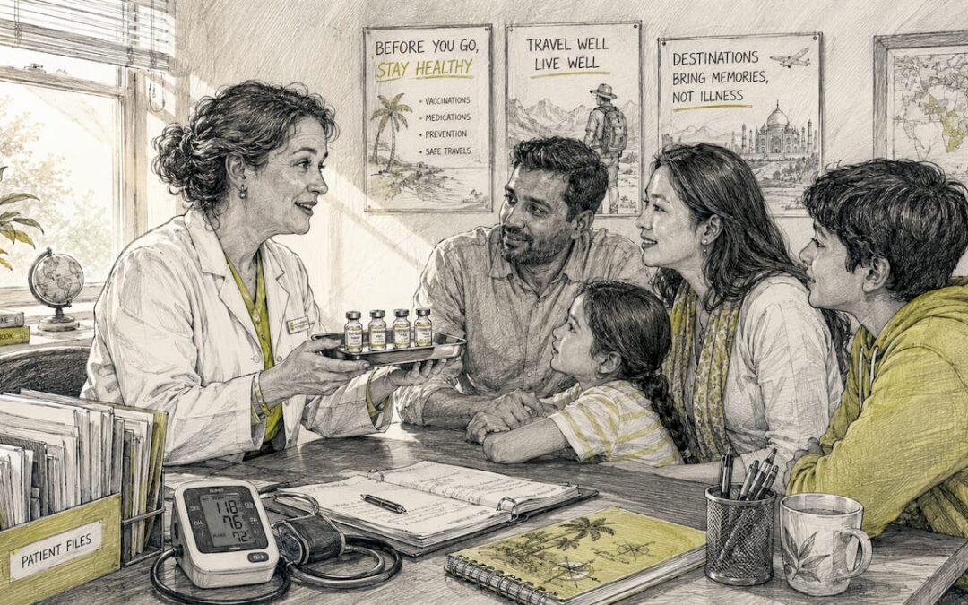 Nurse consulting family in vaccination clinic