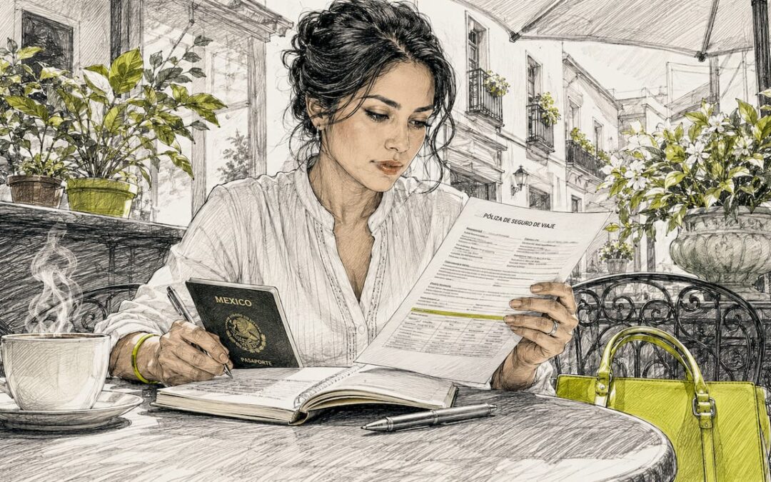 Mujer revisando la documentación de su seguro de viaje por Europa