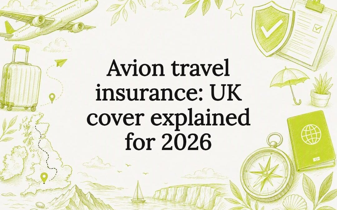 Decorative title card illustrating travel and insurance