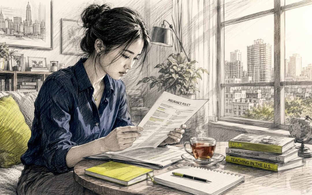 一位亚洲女性职场精英正在认真阅读保险相关文件，展现出专业和细致的工作态度。