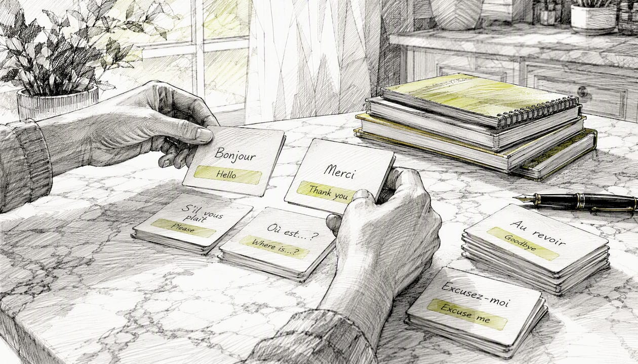 Hands sorting flashcards for language practice