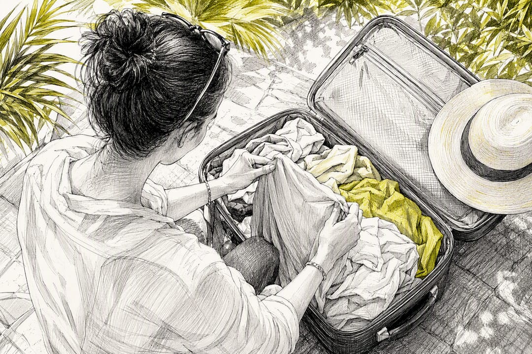 Traveler checking suitcase contents after luggage delay