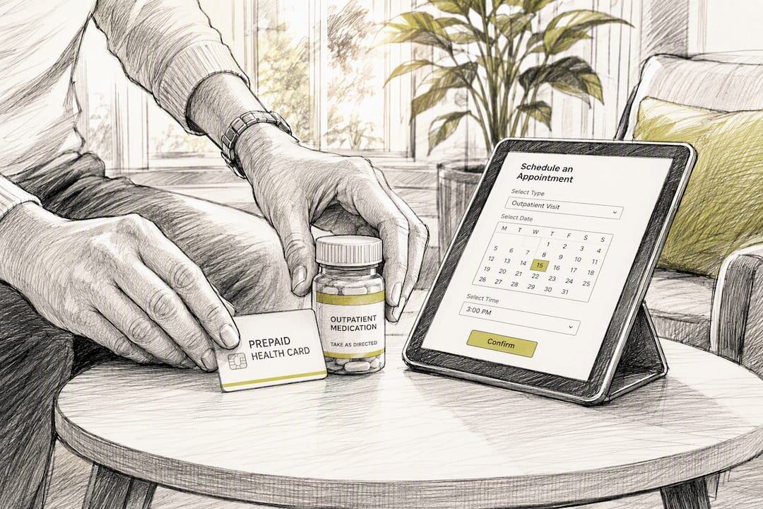 Close-up of outpatient healthcare items being arranged on desk