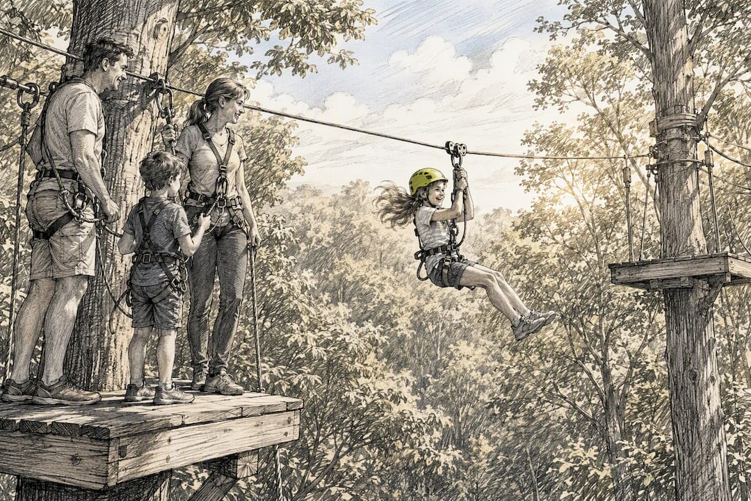 Family participating in a ziplining adventure