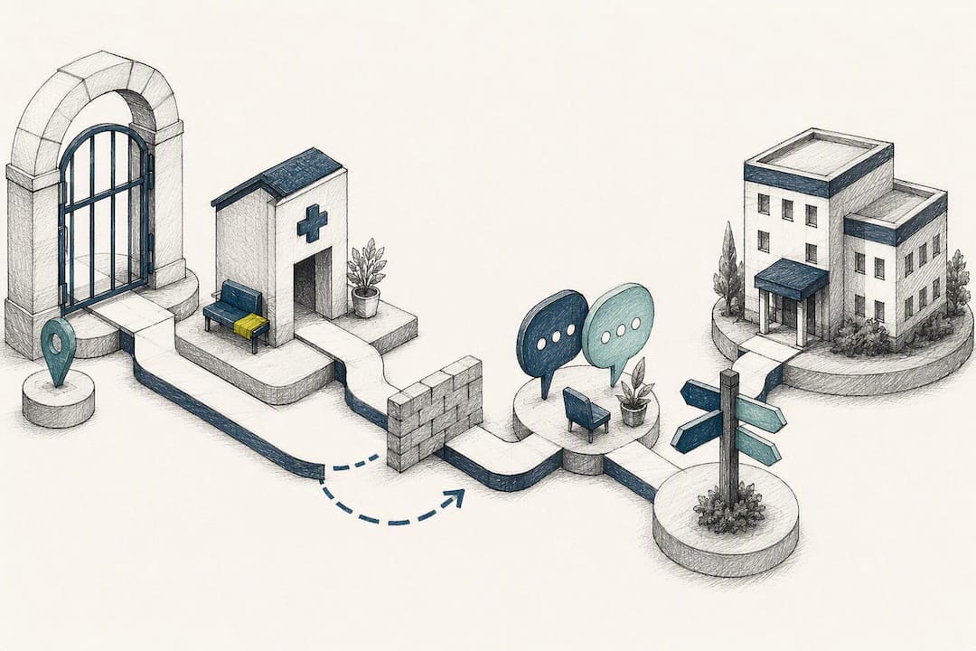 Illustrated pathway through migrant healthcare barriers
